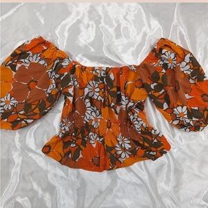 Faithfull the Brand Women's Large Vibrant Orange Floral Off Shoulder Crop Blouse